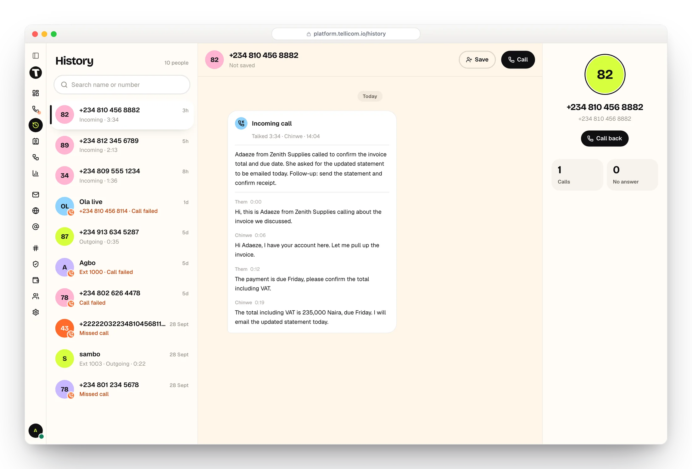 A call in History with its AI summary and full transcript
