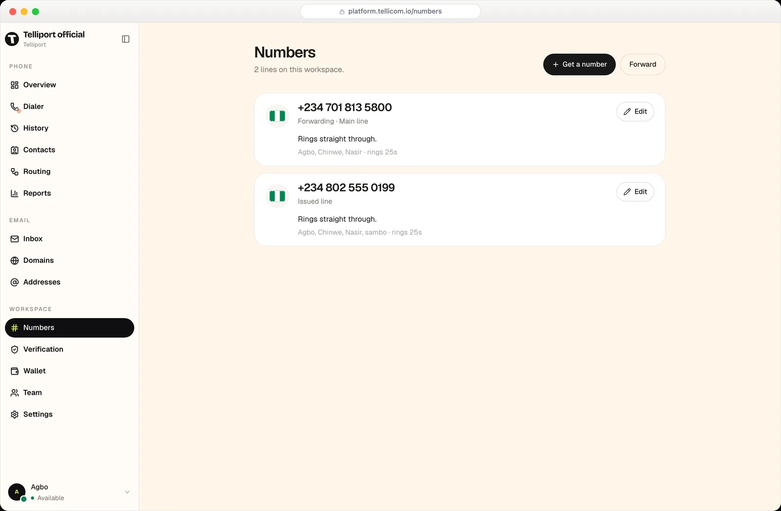The Numbers screen listing a forwarding line and an issued line